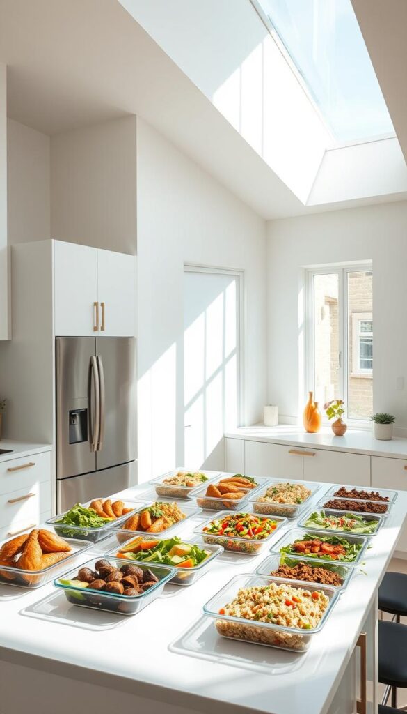 A stylish and contemporary kitchen interior with a clean, bright, and airy atmosphere. A central island countertop is laden with various high-protein, low-carb meal prep containers, featuring a diverse array of healthy dishes such as grilled chicken, roasted vegetables, and quinoa salads. Sunlight streams in through large windows, casting a warm glow across the minimalist, modern cabinetry and stainless steel appliances. The overall scene conveys a sense of organized, nutritious, and convenient meal preparation for a busy, health-conscious lifestyle.