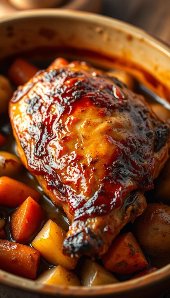 A succulent bone-in chicken thigh glistening with a savory glaze, resting on a bed of vibrant vegetables - carrots, onions, and potatoes - in a rustic, earthenware dish. Soft, golden lighting casts a warm glow, highlighting the tender meat and caramelized edges. The scene evokes the comforting aroma of a slow-simmered, homestyle dish, inviting the viewer to imagine the rich flavors and satisfying texture. The composition emphasizes the focal point of the juicy chicken thigh, framed by the supporting cast of aromatic ingredients. This image perfectly captures the essence of a delectable, slow-cooked bone-in chicken thigh recipe.