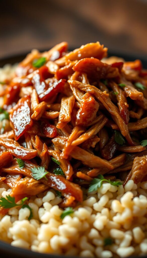 A succulent pile of shredded chicken, slow-cooked to tender perfection, glistening with a rich honey garlic glaze. The juicy meat is nestled on a bed of soft, fluffy rice, with delicate flecks of fresh parsley adding a vibrant pop of green. Warm lighting casts a cozy glow over the scene, drawing the viewer's eye to the inviting, homemade texture of the dish. A shallow depth of field blurs the background, allowing the star of the show - the mouth-watering pulled chicken - to take center stage. The overall mood is one of comforting simplicity, capturing the essence of an easy, satisfying crock pot creation.