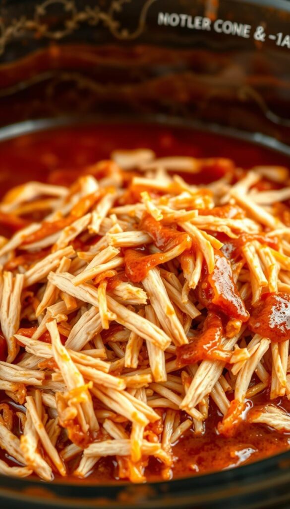 A succulent pile of tender, shredded chicken rests atop a bed of tangy homemade barbecue sauce, glistening under the warm glow of a rustic crock pot. The chicken is perfectly cooked, with flavorful strands that fall apart at the touch. Hints of smoky spices and brown sugar linger in the air, creating a mouthwatering aroma. The scene is framed by a simple, neutral background, allowing the star of the dish to take center stage. Captured with a sharp, high-resolution lens, the image conveys the comforting, homemade essence of this classic pulled chicken recipe.
