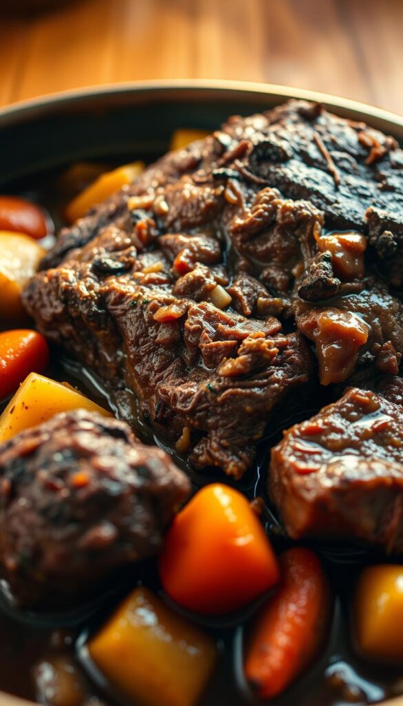A succulent, richly-braised beef pot roast with tender chunks of meat, surrounded by a bed of hearty root vegetables in a thick, aromatic gravy. The scene is lit by warm, golden-hued lighting, creating a cozy, inviting atmosphere. The pot roast glistens, its surface lightly charred, hinting at the depth of flavor within. The vegetables, such as russet potatoes, carrots, and onions, are softened yet retain a slight bite, complementing the rich, beefy notes. The image is captured from a low, three-quarter angle, emphasizing the comforting, homemade nature of this classic, flavorful dish.