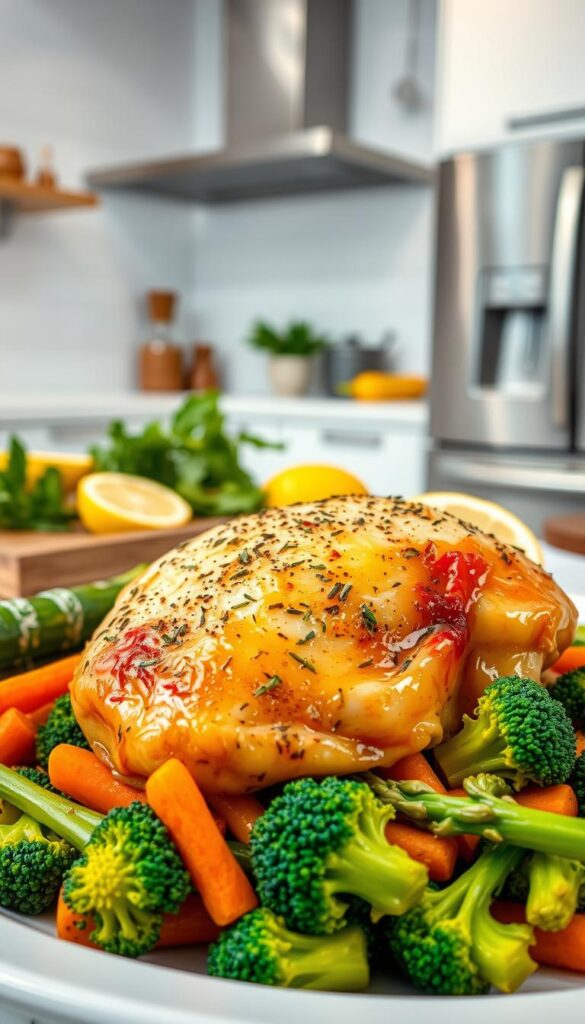 A sumptuous and vibrant image of a healthy boneless chicken thigh dish, captured in a pristine, well-lit kitchen setting. In the foreground, a juicy, golden-brown chicken thigh, seasoned with a blend of aromatic herbs and spices, sits atop a bed of colorful, freshly-steamed vegetables, including vibrant green broccoli florets, crisp carrots, and tender asparagus spears. The middle ground showcases an assortment of complementary ingredients, such as fresh herbs, lemon wedges, and a drizzle of a light, flavorful sauce, all arranged in a visually appealing manner. The background depicts a clean, modern kitchen, with gleaming steel appliances and a bright, inviting atmosphere, creating a sense of culinary sophistication and health-conscious elegance.