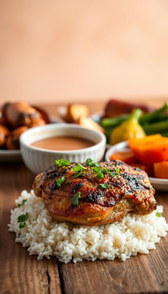 A sumptuous boneless chicken thigh dinner set upon a rustic wooden table, bathed in warm, golden-hued lighting. In the foreground, a succulent, perfectly seared thigh atop a bed of fluffy white rice, garnished with freshly chopped parsley. Behind it, a selection of roasted vegetables, their caramelized edges gleaming. In the middle ground, a shallow bowl of rich, creamy sauce, its color a deep, inviting amber. The background features a simple, minimalist setting, allowing the delectable meal to take center stage. The overall atmosphere exudes comfort, flavor, and culinary expertise.