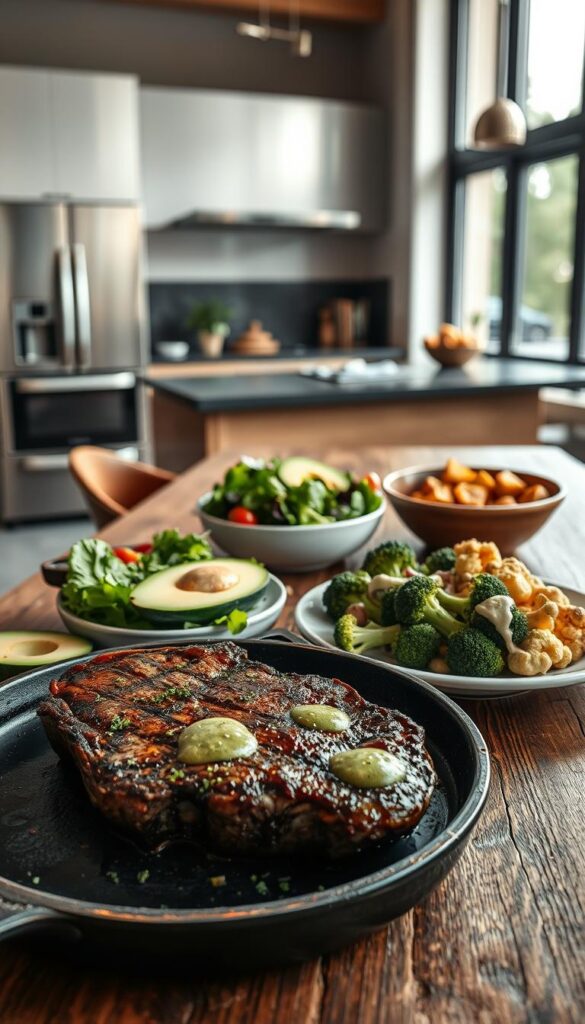 A sumptuous high-protein, low-carb dinner scene on a rustic wooden table. In the foreground, a succulent steak sizzles on a cast-iron skillet, seasoned with aromatic herbs. Beside it, a colorful salad of leafy greens, sliced avocado, and cherry tomatoes, dressed in a tangy vinaigrette. In the middle ground, a hearty portion of roasted broccoli and cauliflower, drizzled with a creamy garlic sauce. The background features a refined, minimalist kitchen setting, with sleek stainless steel appliances and natural light streaming through large windows, creating a warm, inviting atmosphere.