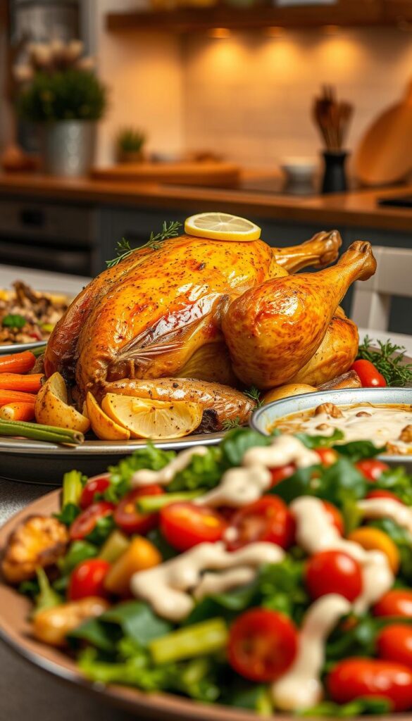 A sumptuous rotisserie chicken meal with an array of tempting side dishes, captured in a warm, inviting scene. In the foreground, the golden-brown rotisserie chicken takes center stage, garnished with fresh herbs and lemon wedges. Surrounding it, an assortment of colorful roasted vegetables, such as vibrant carrots, tender potatoes, and crisp green beans, arranged in a rustic serving platter. In the middle ground, a hearty salad with mixed greens, cherry tomatoes, and a creamy dressing, complementing the main dish. The background features a cozy kitchen setting, with soft lighting casting a comforting glow, hinting at the care and attention put into this nourishing family meal.