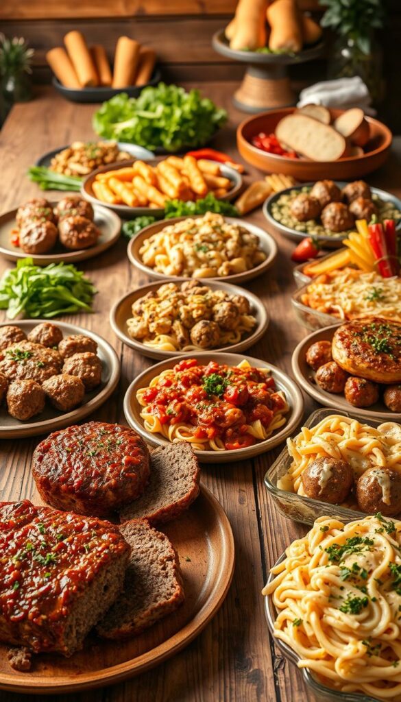 A sumptuous spread of delectable ground beef dishes laid out on a rustic wooden table, illuminated by warm, golden lighting. In the foreground, a hearty meatloaf, juicy burgers, and a savory casserole, each prepared with care and garnished with fresh herbs. In the middle ground, a selection of creamy pasta bakes, comforting shepherd's pie, and flavorful meatballs, all ready to tantalize the senses. The background showcases a variety of seasonal vegetables, fresh bread, and a crisp salad, creating a visually appealing and mouthwatering scene that celebrates the versatility of ground beef in family-friendly dinner recipes for every occasion.