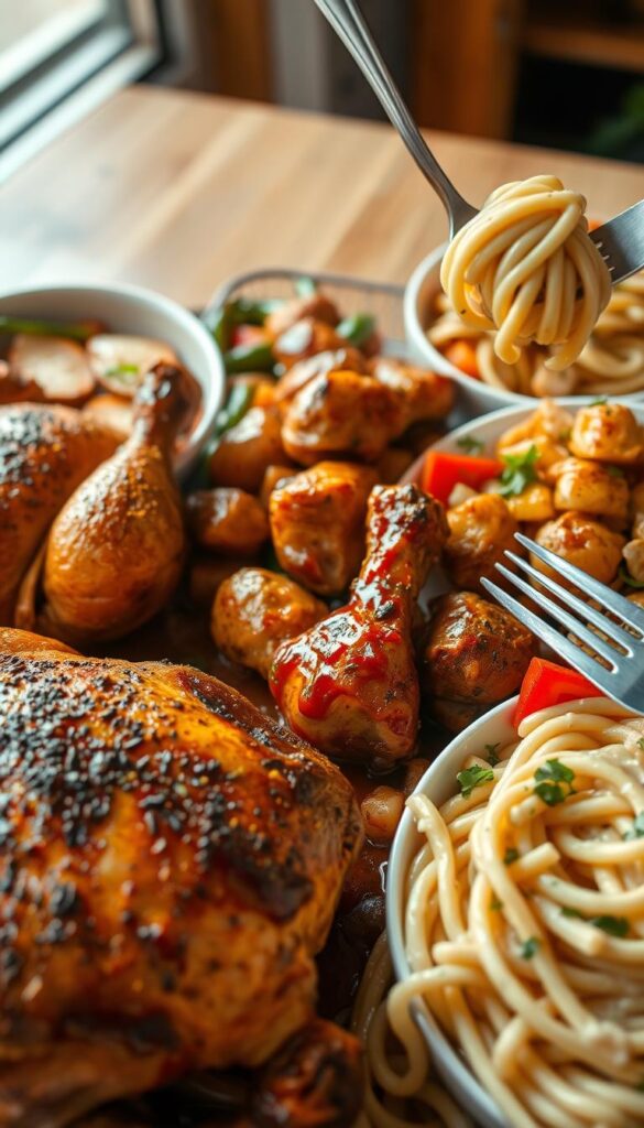 A sumptuous spread of flavorful poultry dishes, bathed in warm lighting and captured with a wide-angle lens. In the foreground, a succulent roasted chicken, its golden-brown skin glistening with herbs and spices. Alongside, a trio of hearty chicken thighs, braised to perfection in a rich, aromatic sauce. In the middle ground, a vibrant, veggie-packed stir-fry, the chicken chunks seared to a delectable char. In the background, a creamy, herb-infused chicken alfredo, the pasta twirling around the fork. The scene exudes an inviting, homemade atmosphere, beckoning the viewer to indulge in these mouthwatering poultry creations.