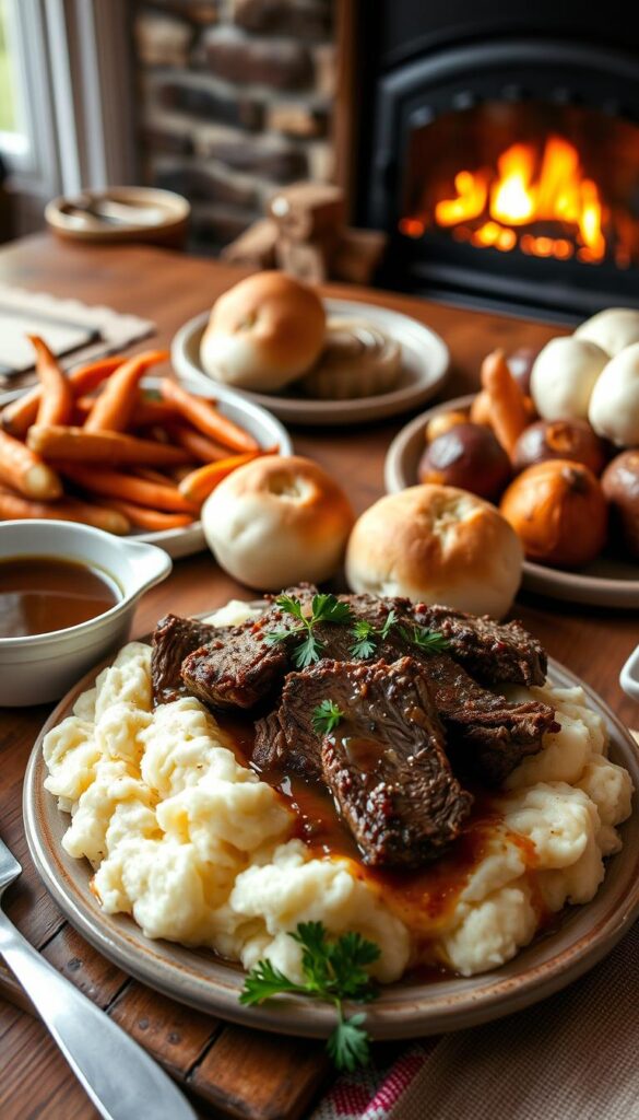 A sumptuous spread of hearty slow-cooker pot roast pairings, captured in a warm, inviting still-life composition. In the foreground, tender slices of pot roast nestled atop a bed of creamy mashed potatoes, garnished with fresh parsley. Alongside, a steaming bowl of savory gravy awaits, ready to drizzle over the dish. In the middle ground, roasted root vegetables - carrots, onions, and potatoes - radiate an earthy, caramelized hue, while soft, pillowy dinner rolls beckon to be torn and dipped. The background hints at a cozy, rustic setting, with a wooden table, worn placemats, and the warm glow of a crackling fireplace casting a gentle light across the scene. The overall mood evokes comfort, nourishment, and the beloved flavors of a classic slow-cooked pot roast meal.