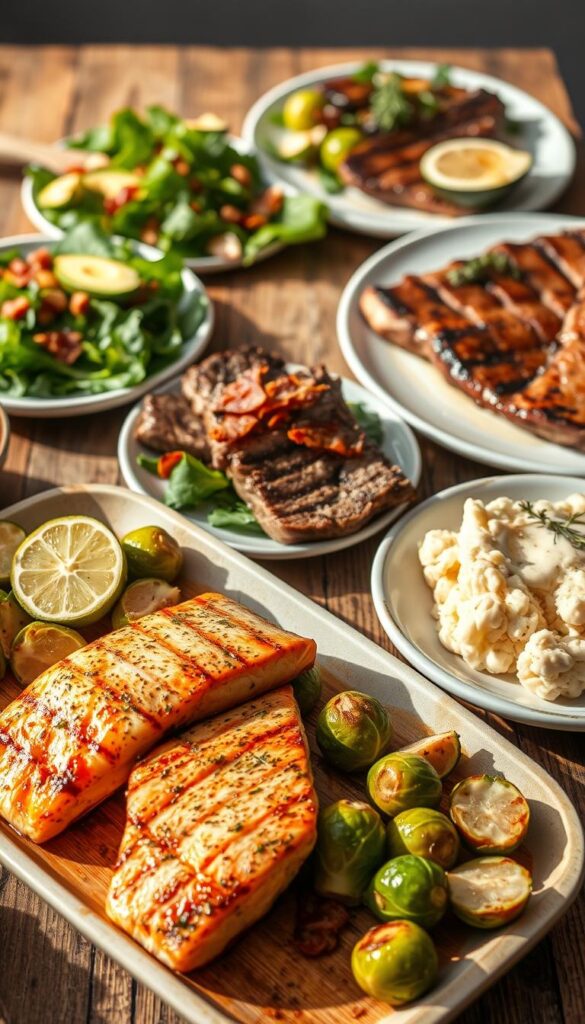 A sumptuous spread of high-protein, low-carb dishes arranged artfully on a rustic wooden table. In the foreground, grilled salmon fillets glazed with a tangy lemon-herb marinade, accompanied by a hearty serving of roasted brussels sprouts. In the middle ground, a vibrant green salad with sliced avocado, crisp bacon bits, and a creamy, keto-friendly dressing. Toward the back, a plate of seared steak tips paired with a creamy cauliflower mash, garnished with fresh thyme. The scene is bathed in warm, natural lighting, creating a welcoming, health-conscious atmosphere. The overall composition exudes a sense of balance, flavor, and nutritional abundance, perfectly capturing the benefits of a high-protein, low-carb dietary approach.