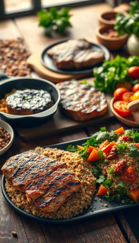 A sumptuous spread of protein-rich dishes on a rustic wooden table, bathed in soft, warm lighting. In the foreground, a juicy grilled chicken breast nestled alongside a hearty serving of quinoa, adorned with vibrant roasted vegetables. In the middle ground, a lean steak sizzles on a cast-iron skillet, complemented by a vibrant salad of leafy greens and juicy tomatoes. The background features a collection of wholesome ingredients, such as lentils, beans, and fresh herbs, hinting at the nutrient-dense nature of these weight-loss-friendly meals. The overall scene evokes a sense of balance, nourishment, and a commitment to a healthy, sustainable lifestyle.