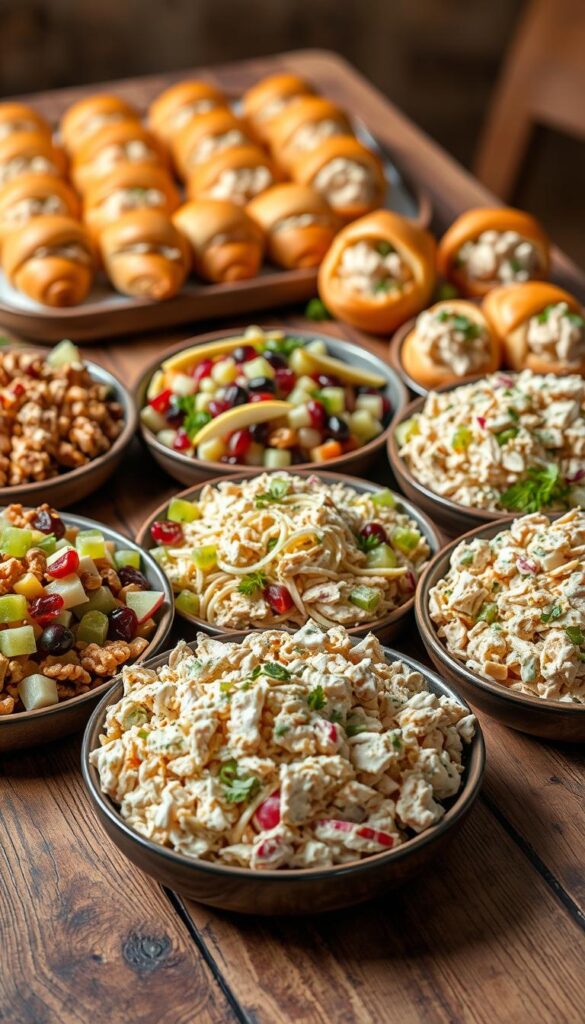 A sumptuous spread of various chicken salad recipes laid out on a rustic wooden table. In the foreground, a freshly made batch of classic chicken salad with diced celery, onions, and a creamy mayonnaise dressing. Beside it, a vibrant mixture of grapes, walnuts, and shredded chicken in a light, tangy vinaigrette. In the middle, a colorful salad with diced apples, dried cranberries, and shredded chicken in a sweet, zesty vinaigrette. In the background, a platter of delicate chicken salad stuffed into petite croissants, garnished with sprigs of fresh herbs. The scene is illuminated by warm, natural lighting, creating a cozy, inviting atmosphere perfect for a delightful culinary exploration.