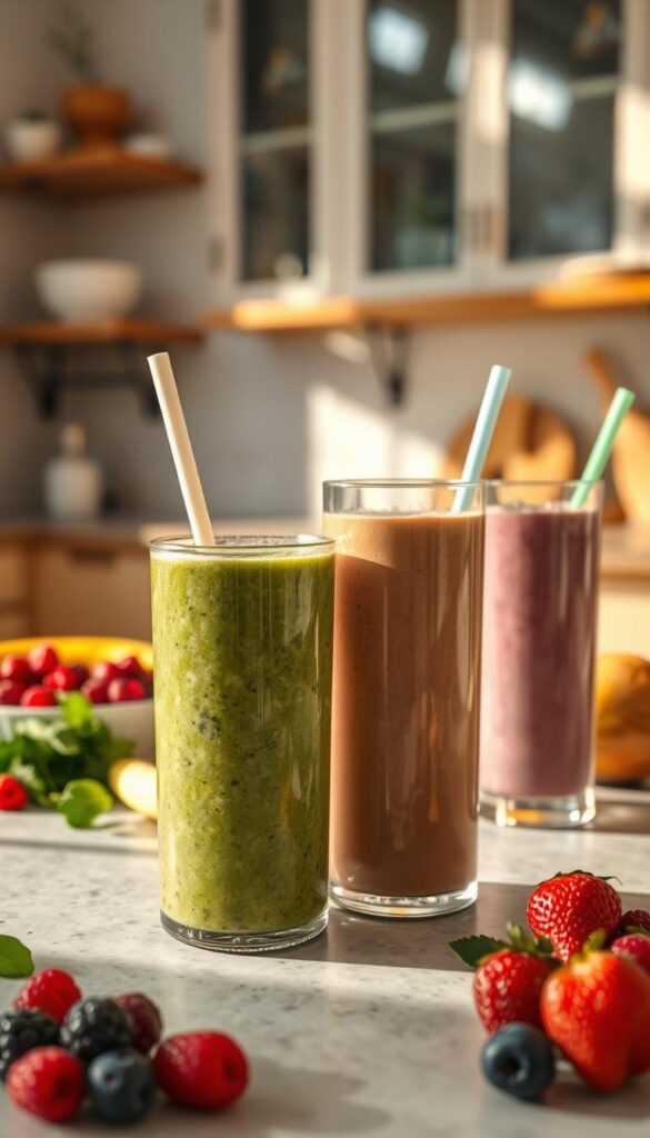 A sunlit kitchen counter showcases an array of homemade protein smoothie variations. In the foreground, a vibrant green smoothie with spinach, banana, and almond milk sits alongside a creamy peanut butter and chocolate protein shake. In the middle ground, a berry-packed smoothie with raspberries, blueberries, and Greek yogurt is highlighted, while in the background, a tropical mango and coconut smoothie stands ready to be enjoyed. The scene is bathed in warm, natural light, captured by a wide-angle lens to emphasize the diverse selection of freshly blended, nutrient-dense protein smoothies.