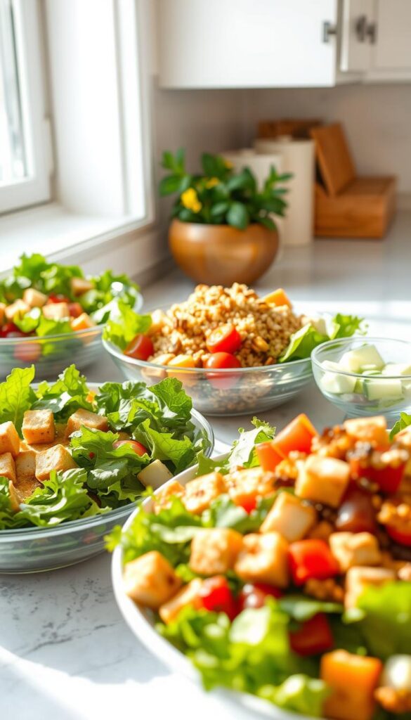 A sunlit kitchen counter with a variety of fresh, vibrant dinner salads arranged artfully. In the foreground, a crisp green salad with colorful vegetables, garnished with croutons and a tangy vinaigrette. In the middle ground, a hearty quinoa salad with roasted vegetables and a scattering of toasted nuts. In the background, a refreshing cucumber salad with a light yogurt-based dressing. The lighting is warm and natural, captured with a wide-angle lens to showcase the scene. The overall mood is one of simplicity, nourishment, and culinary delight.
