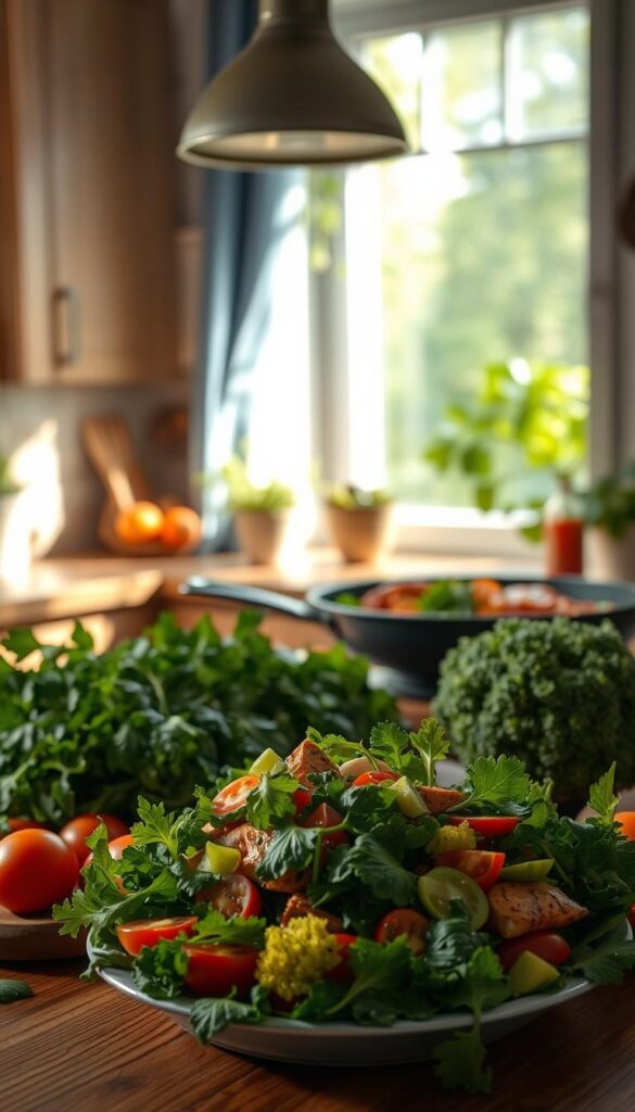 A sunlit kitchen with fresh vegetables, herbs, and healthy dinner ingredients on a wooden table. In the foreground, a vibrant salad with mixed greens, tomatoes, and a variety of colorful veggies. In the middle ground, a sizzling pan with lean protein, such as grilled chicken or salmon, accompanied by roasted sweet potatoes and steamed broccoli. The background features a window overlooking a lush, green garden, casting a warm, natural glow. The scene exudes an air of nourishment, vitality, and the joy of preparing a wholesome, satisfying meal. Soft, diffused lighting accentuates the textures and colors, creating a serene, appetizing atmosphere.
