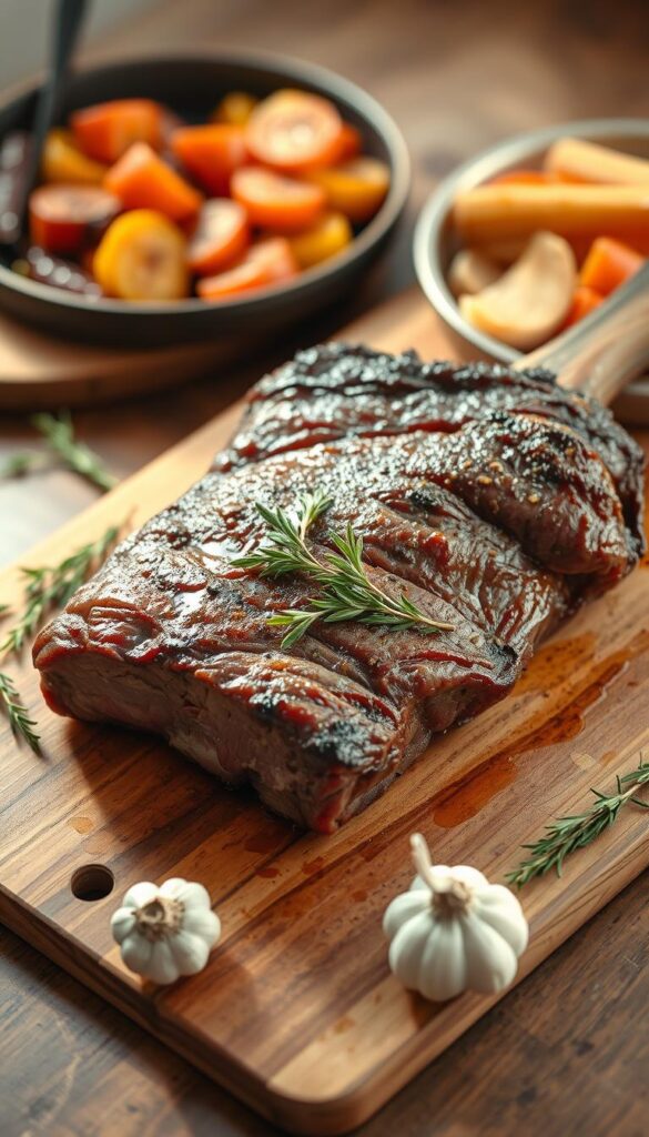 A tender, juicy chuck roast resting on a wooden cutting board, surrounded by aromatic herbs, garlic, and a rustic platter of roasted vegetables. The scene is illuminated by warm, natural light, casting gentle shadows and highlighting the roast's caramelized exterior. The image conveys the comforting, homemade essence of a classic chuck roast dish, ready to be savored in a cozy, inviting setting.