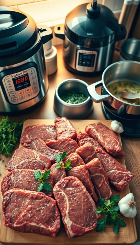A top-down view of a kitchen counter with various cooking appliances and tools arranged, including an Instant Pot, air fryer, and a saucepan. In the foreground, several cuts of beef tips are prominently displayed, surrounded by fresh herbs, garlic, and other seasonings. The lighting is warm and inviting, creating a cozy and appetizing atmosphere. The image conveys the idea of having quick and easy alternatives to a traditional slow cooker for preparing delicious beef tips.