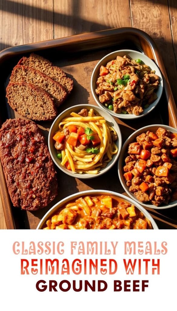 A tray of classic family-style ground beef meals, including a savory meatloaf, comforting beef stroganoff, and a hearty beef and vegetable casserole. The dishes are arranged on a rustic wooden table, with natural lighting casting warm shadows across the scene. The carefully composed arrangement showcases the rich, inviting colors and textures of the various dishes, evoking a sense of homestyle comfort and nostalgia. The overall mood is one of nourishing, time-honored traditions, capturing the essence of "Classic Family Meals Reimagined with Ground Beef".