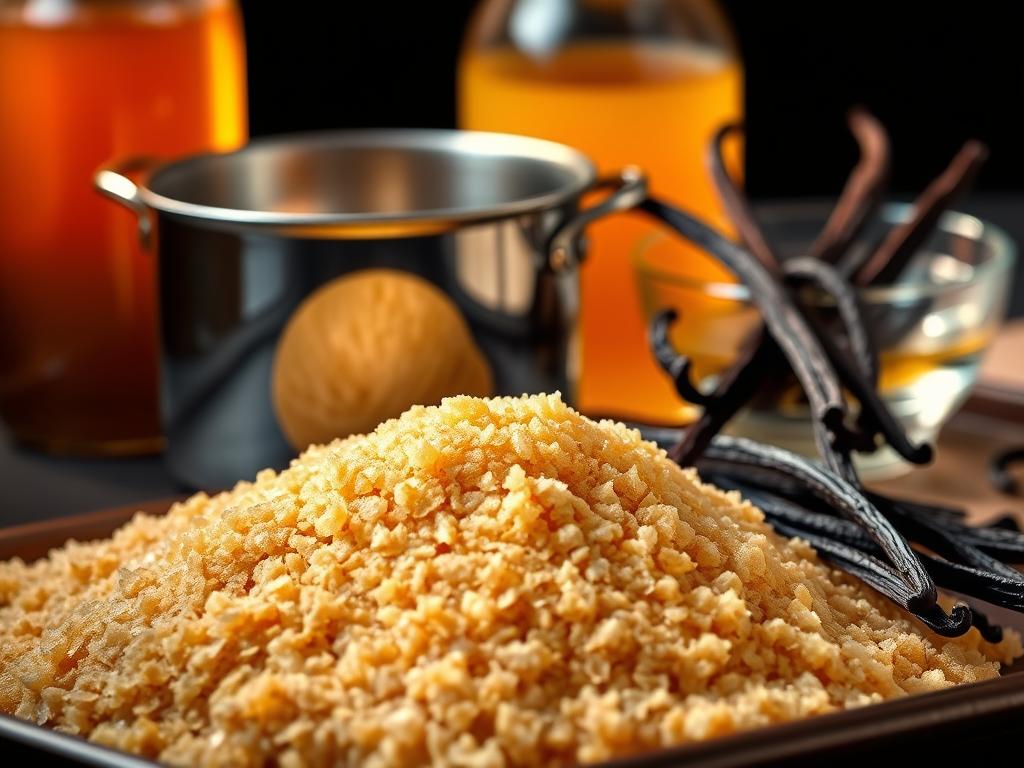 A tray of essential ingredients for rich, velvety caramel sauce. In the foreground, a pile of golden brown cane sugar crystals, glistening under warm studio lighting. Behind it, a glass jar of thick, amber-colored corn syrup, casting a soft glow. In the middle, a stainless steel saucepan, its polished surface reflecting the scene. In the background, a small glass bowl filled with plump, juicy vanilla beans, their long pods adding a touch of rustic elegance. The overall composition conveys the simplicity and quality of the ingredients needed to craft the perfect caramel sauce.