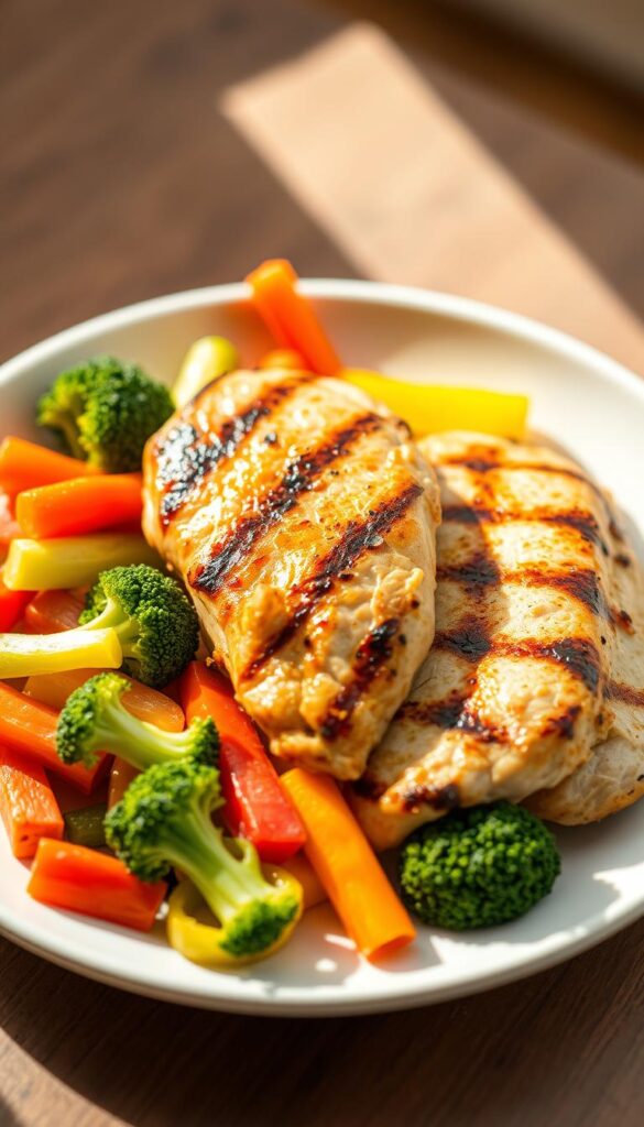 A vibrant and appetizing plate of grilled chicken breast, accompanied by a vibrant selection of steamed vegetables, including broccoli, carrots, and bell peppers. The chicken is perfectly cooked, with a golden-brown sear and a juicy, tender interior. The vegetables are crisp and brightly colored, arranged in a visually appealing manner. The lighting is soft and natural, casting a warm glow over the scene. The camera angle is slightly elevated, providing a clear and inviting view of the delectable meal. The overall mood is one of health, nutrition, and culinary delight, perfectly capturing the benefits of cooking with chicken breast.