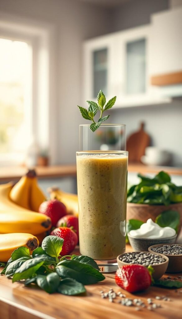 A vibrant and appetizing smoothie scene with a variety of fresh fruits, greens, and protein-rich ingredients, illuminated by warm, natural lighting. In the foreground, a tall glass filled with a thick, creamy smoothie, garnished with a slice of kiwi and a sprig of mint. In the middle ground, a selection of smoothie ingredients, such as bananas, strawberries, spinach, Greek yogurt, and chia seeds, artfully arranged on a wooden table. The background features a clean, airy kitchen setting, with a window letting in soft, diffused sunlight, creating a calming, inviting atmosphere.