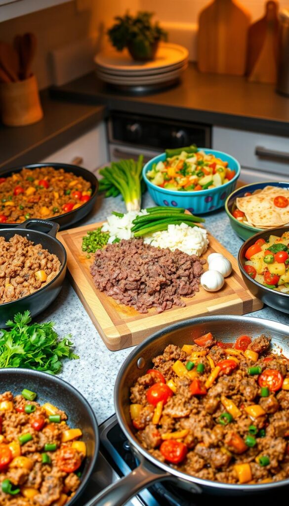 A vibrant and cozy kitchen scene featuring a variety of easy weeknight meals made with ground beef. In the foreground, a sizzling skillet showcases a hearty beef and vegetable stir-fry, its rich aroma filling the air. Surrounding it, an assortment of freshly prepared dishes - a juicy beef and tomato pasta bake, a comforting beef and potato shepherd's pie, and a flavorful beef taco salad. In the middle ground, a wooden cutting board displays an array of fresh ingredients, including ground beef, diced onions, garlic, and a variety of colorful vegetables. The background is softly lit, with warm, inviting lighting highlighting the textures and colors of the kitchen. The overall mood is one of simplicity, convenience, and family-friendly appeal.