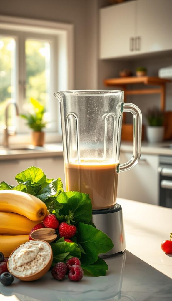 A vibrant and informative image showcasing the benefits of protein smoothies. In the foreground, an array of fresh ingredients - bananas, berries, leafy greens, and a scoop of protein powder - are arranged artfully, casting warm, diffused lighting. In the middle ground, a glass blender gently swirls the mixture, its transparent walls revealing the smooth, nutrient-dense liquid within. The background depicts a serene, sunlit kitchen, with clean, minimalist countertops and a window overlooking a lush, verdant garden. The overall composition conveys a sense of health, vitality, and the nourishing power of a well-crafted protein smoothie.