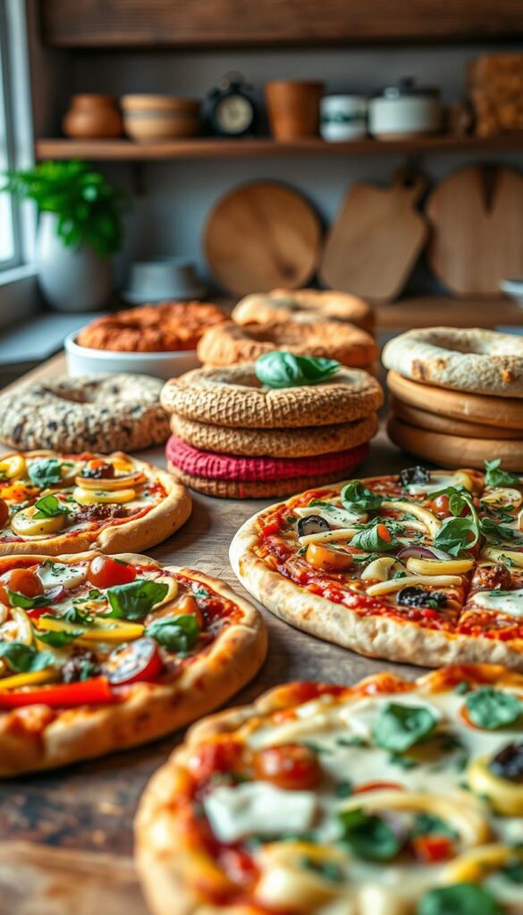 A vibrant, appetizing display of healthy pizza recipes, captured with a warm, inviting aesthetic. In the foreground, a variety of freshly baked pizzas feature a delightful array of nutritious toppings, including crisp vegetables, lean proteins, and flavorful herbs. The middle ground showcases an assortment of colorful, whole-grain crusts, each with a distinct texture and hue. In the background, a rustic kitchen setting with natural lighting creates a cozy, homemade atmosphere, inviting the viewer to imagine the aroma and flavor of these nourishing culinary creations. The overall scene evokes a sense of balance, health, and family-friendly delight.