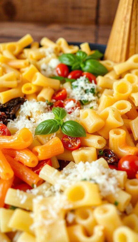 A vibrant arrangement of customizable pasta variations, showcasing an array of shapes, textures, and colors. In the foreground, a selection of freshly cooked penne, rigatoni, and farfalle glistening under warm, natural lighting. In the middle ground, a scattering of garnishes and toppings, including freshly grated Parmesan, chopped basil, and sun-dried tomatoes. The background features a rustic wooden surface, hinting at the home-cooked quality of the dish. The overall mood is one of inviting, artisanal appeal, capturing the essence of personalized pasta creations.
