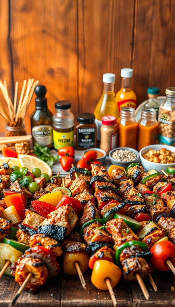 A vibrant array of skewered delights, featuring an array of creative kabob variations. In the foreground, an assortment of grilled meats, vegetables, and fruits, arranged in visually striking patterns. The kabobs are backlit by a warm, sunset-hued glow, casting soft shadows and giving the scene a mouthwatering, summer-evening ambiance. In the middle ground, a variety of marinades, seasonings, and garnishes are artfully presented, hinting at the flavorful possibilities. The background features a rustic, wooden surface, evoking the casual, al fresco dining experience. The lighting is natural and soft, emphasizing the appetizing textures and colors of the kabobs. The overall composition is balanced, inviting the viewer to imagine the satisfying, customizable experience of these perfectly grilled chicken kabobs.