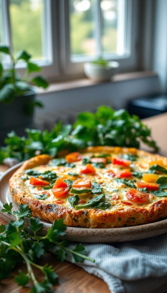 A vibrant frittata takes center stage, brimming with an array of fresh vegetables - tender spinach, crisp bell peppers, and juicy tomatoes. The golden-brown eggs are infused with the savory flavors of melted cheddar cheese, creating a delightful harmony of textures and tastes. Soft morning light filters through a large kitchen window, casting a warm glow over the dish. The frittata is presented on a rustic ceramic plate, surrounded by lush greenery and a scattering of fresh herbs, hinting at the nourishing, homemade nature of this effortless breakfast or brunch delight.