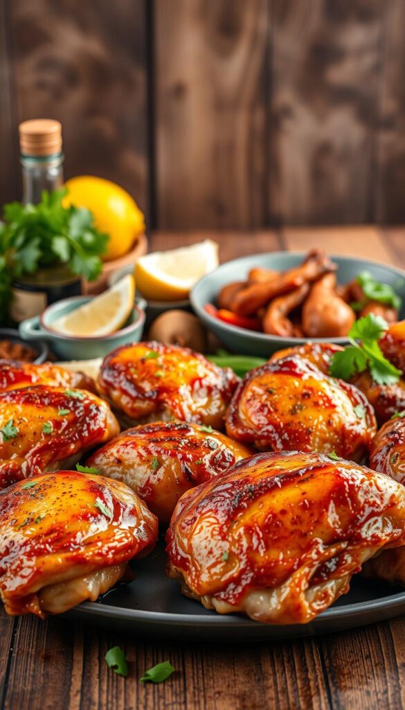 A vibrant, high-quality photograph of a selection of savory bone-in chicken thighs prepared in different international cuisines. The thighs are arranged in the foreground, highlighting their juicy, golden-brown skin and tender, flavorful meat. In the middle ground, there are various spices, herbs, and sauce ingredients that suggest the diverse flavors and cooking methods used, such as soy sauce, lemon wedges, and fresh cilantro. The background features a rustic, wooden surface with a hint of a global kitchen setting, conveying a sense of culinary exploration and cultural fusion. The lighting is warm and natural, casting a mouthwatering glow on the chicken and creating a cozy, inviting atmosphere. The overall composition is balanced and visually appealing, perfectly capturing the essence of "Bone-In Chicken Thighs in International Cuisines".