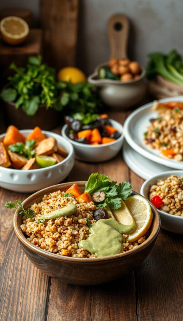 A vibrant, mouthwatering array of healthy bowl recipes arranged artfully on a rustic wooden table. In the foreground, a steaming bowl filled with quinoa, fresh vegetables, and a drizzle of creamy avocado dressing. Mid-frame, a variety of colorful ingredients like roasted sweet potatoes, grilled chicken, and crisp greens spill out of various bowls. The background features an assortment of complementary elements - a bundle of fresh herbs, a cutting board with sliced lemon, and a simple white platter showcasing a hearty grain salad. Soft, natural lighting casts a warm, inviting glow over the scene, highlighting the vibrant colors and textures of the wholesome, nutrient-dense dishes.