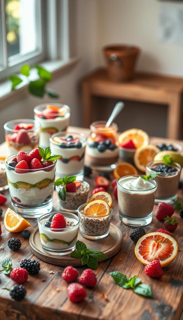 A vibrant, mouthwatering display of healthy dessert recipes showcased on a rustic wooden table. In the foreground, an array of delectable treats, such as fruit-infused yogurt parfaits, bite-sized chia puddings, and luscious avocado-cacao mousses. Scattered around the table, fresh berries, sliced citrus, and sprigs of mint create a visually appealing and appetizing setup. Soft, natural lighting from a nearby window casts a warm glow, highlighting the vibrant colors and textures of the healthy desserts. The overall mood is one of balance, purity, and indulgence, inviting the viewer to savor these nutritious yet delightful treats.