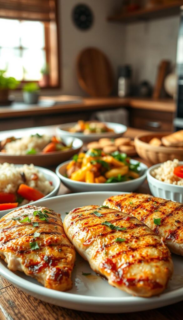 A vibrant, mouthwatering spread of quick and easy chicken breast recipes, captured in a soft, warm-toned kitchen setting. In the foreground, juicy seared chicken breasts with a golden crust, garnished with fresh herbs. In the middle ground, an array of colorful side dishes like roasted vegetables, fluffy rice, and a simple salad. The background features a cozy, rustic wooden table, with natural lighting filtering in from a nearby window, creating a comforting, homey atmosphere. The overall scene conveys the idea of a delicious, wholesome weeknight dinner that can be prepared with minimal effort.
