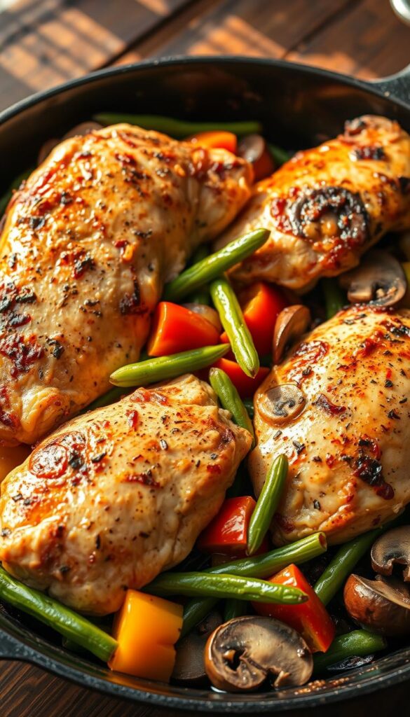 A vibrant one-pan dish with juicy chicken breasts sizzling in a cast-iron skillet, surrounded by a medley of fresh vegetables - tender green beans, colorful bell peppers, and earthy mushrooms. The lighting is warm and natural, casting a golden glow on the scene. The image is captured from a slightly elevated angle, showcasing the rustic, homemade appeal of the meal. The composition is balanced, with the chicken taking the central focus, complemented by the supporting cast of vegetables. The overall mood is one of simplicity, comfort, and effortless culinary delight.