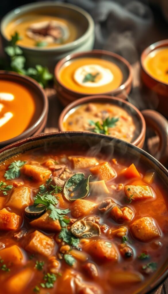 A vibrant, steaming bowl of hearty vegetable stew takes center stage, its rich broth brimming with tender chunks of root vegetables, fragrant herbs, and aromatic spices. In the background, a selection of nourishing soups - a creamy butternut squash soup, a vibrant tomato basil, and a comforting lentil - are artfully arranged, their colors and textures inviting the viewer to dive in. The scene is bathed in a warm, natural light, casting gentle shadows and highlighting the appetizing appeal of these wholesome, satisfying dishes. The overall mood is one of nourishment and comfort, perfectly suited to a cozy evening meal.
