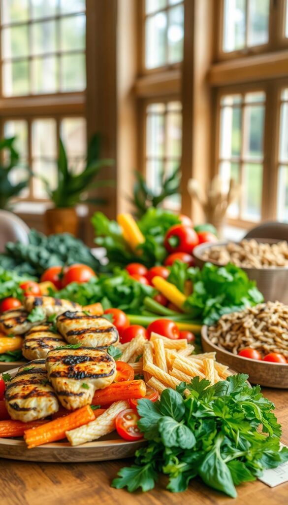 A vibrant still life featuring an assortment of freshly prepared, nutritious meals. In the foreground, a colorful arrangement of roasted vegetables, grilled chicken, and whole grain pasta, artfully presented on a wooden table. The middle ground showcases a variety of fresh ingredients, such as leafy greens, crisp bell peppers, and ripe tomatoes, complementing the main dishes. The background sets a cozy, warm-toned ambiance with natural lighting filtering through large windows, casting a soft glow over the scene. The overall atmosphere evokes a sense of simplicity, health, and culinary delight, perfectly capturing the essence of "Quick & Nutritious Meals".