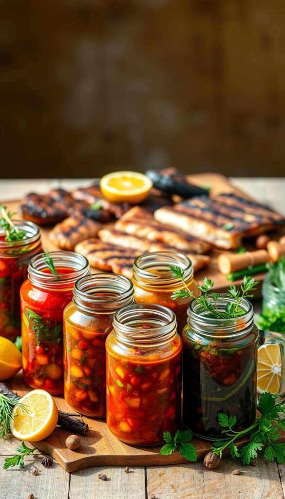 A vibrant still life showcasing a collection of unique and flavorful marinades. In the foreground, an assortment of glass jars filled with rich, aromatic marinades in hues of crimson, golden-amber, and verdant green. Garnished with sprigs of fresh herbs, citrus wedges, and whole spices, creating a captivating visual feast. The middle ground features a rustic wooden cutting board, complemented by a selection of grilled meats, fish, and vegetables, hinting at the delicious possibilities these marinades can unlock. The background provides a warm, earthy tone, with soft natural lighting casting a gentle glow, evoking a sense of al fresco dining and the joy of summer grilling.