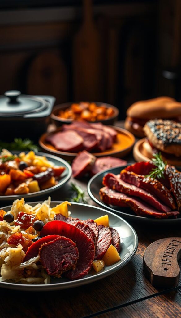 A vibrant still life showcasing a selection of creative corned beef dishes. In the foreground, a plate features slices of tender, slow-cooked corned beef paired with a colorful array of accompaniments - perhaps sauerkraut, roasted potatoes, and caramelized onions. The middle ground reveals additional corned beef-based delicacies, such as a hearty corned beef hash or flavorful corned beef sandwiches, all bathed in warm, directional lighting. The background hints at a cozy, rustic kitchen setting, with hints of cast-iron cookware and wooden textures adding to the inviting atmosphere. The overall mood is one of culinary creativity and comfort, highlighting the versatility of this classic Irish-American ingredient.