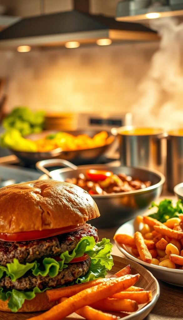 A vibrant, well-lit kitchen scene showcasing a variety of healthy ground beef dishes. In the foreground, a juicy grilled burger with fresh lettuce, tomato, and a side of roasted sweet potato fries. In the middle ground, a hearty beef and vegetable stir-fry sizzling in a wok, with the aroma of garlic and ginger wafting through the air. In the background, a pot of rich, tomato-based beef and macaroni soup simmering on the stovetop, with steam gently rising. The lighting is warm and inviting, casting a golden glow over the scene, creating a cozy, family-friendly atmosphere.