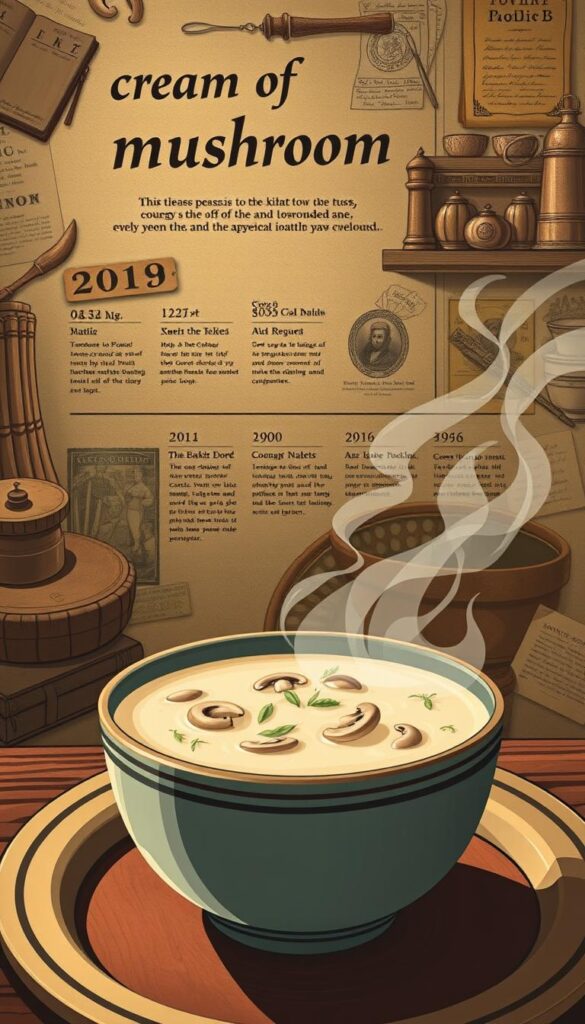 A vintage-style illustration depicting the historical journey of cream of mushroom soup. In the foreground, a steaming bowl of creamy mushroom soup, with delicate mushroom slices and a sprinkle of herbs. In the middle ground, a timeline showcasing the evolution of this classic dish, from its humble beginnings as a simple peasant fare to its transformation into a beloved comfort food. The background features a collage of antique cookbooks, kitchen tools, and historical vignettes, hinting at the rich culinary heritage of this versatile soup. The overall mood is warm, nostalgic, and evocative of the timeless appeal of this timeless dish.