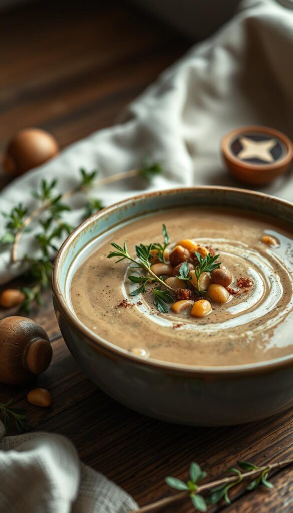 A visually appealing bowl of creamy mushroom soup, garnished with fresh herbs and a sprinkle of toasted nuts, rests on a wooden table. The soup's rich, earthy tones are complemented by the vibrant green of the herbs and the warm, nutty accents. The lighting is soft and diffused, creating a cozy, inviting atmosphere. In the background, a simple, minimalist setting with natural textures and muted colors sets the stage for this healthy and delectable mushroom soup. The overall composition is balanced, drawing the viewer's attention to the hero of the image - the nourishing and comforting soup.