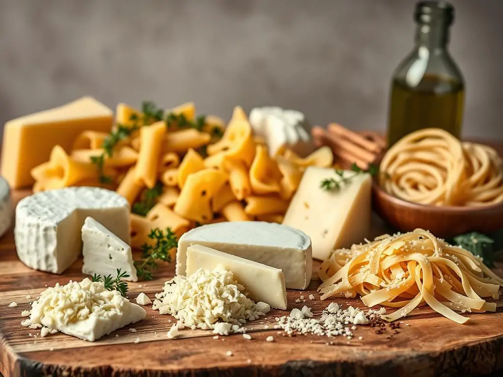 A visually appealing still life arrangement depicting a variety of gourmet cheeses, perfectly suited for enhancing creamy white sauce pasta dishes. In the foreground, an assortment of artisanal cheeses, including creamy brie, tangy goat cheese, and shredded parmesan, arranged on a rustic wooden cutting board. The middle ground features various pasta shapes, such as penne, farfalle, and linguine, alongside freshly chopped herbs and spices. The background is softly lit, creating a warm, inviting atmosphere, with a vintage glass bottle filled with olive oil or white wine, complementing the earthy tones of the composition. The overall mood is one of culinary sophistication and comforting indulgence, perfectly capturing the essence of the "Variations of White Sauce Pasta" section.