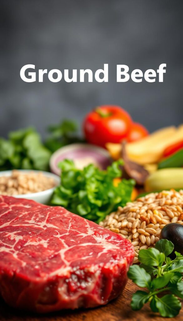 A visually striking depiction of the nutritional benefits of ground beef, captured in a crisp, high-resolution image. In the foreground, a juicy cut of ground beef takes center stage, its rich, reddish-brown hues and marbled texture inviting the viewer to appreciate its nutritional properties. Surrounding the meat, a vibrant array of nutrient-dense whole foods - such as leafy greens, colorful vegetables, and whole grains - artfully arranged to highlight the complementary nature of a well-balanced, beef-centric meal. The background features a minimalist, subtly-lit setting, allowing the natural colors and textures of the ingredients to shine. The overall composition conveys a sense of health, wholesomeness, and culinary sophistication, perfectly suited to illustrate the section on the nutritional benefits of ground beef.