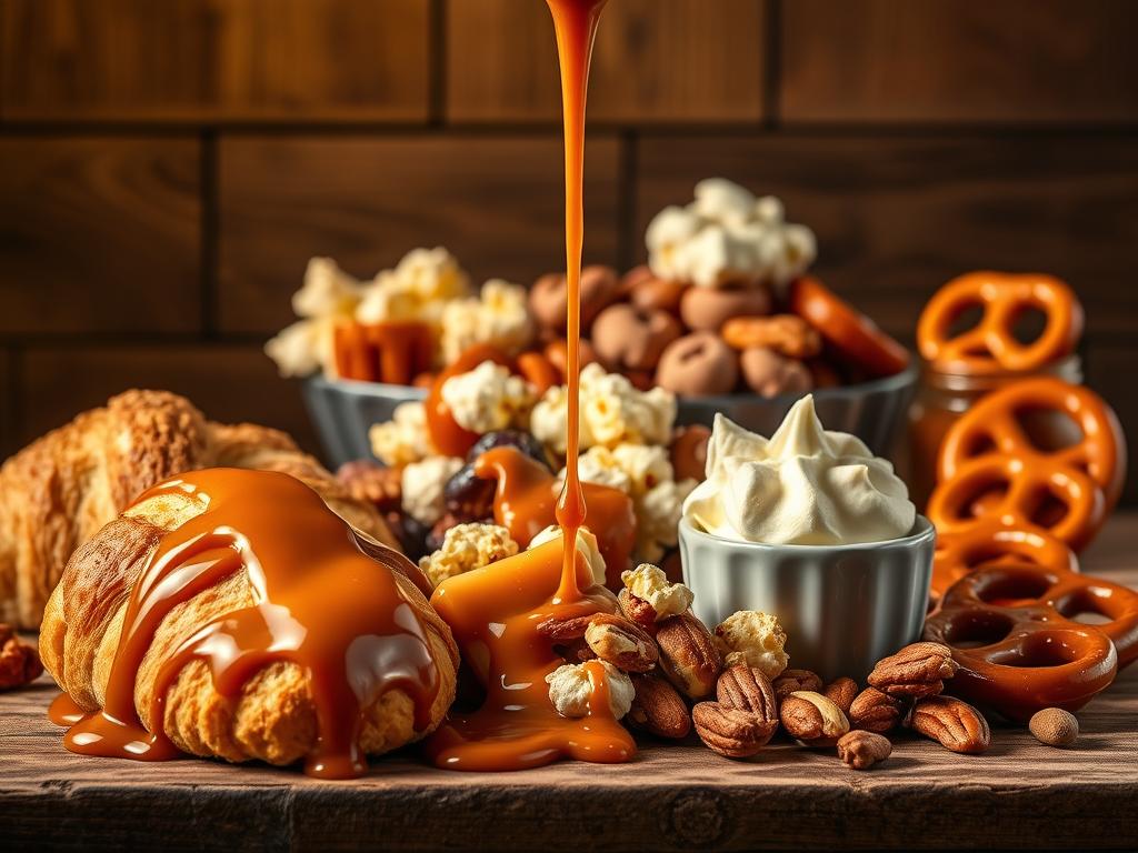 A visually striking still life scene depicting various creative uses for rich, decadent caramel sauce. In the foreground, a selection of indulgent desserts and treats drizzled and dripping with glossy caramel - perhaps a flaky croissant, a scoop of vanilla ice cream, a slice of apple pie, and a handful of salted caramel popcorn. In the middle ground, an artfully arranged composition of caramel-dipped fruits, nuts, and pretzels. The background features a rustic wooden surface, with highlights of warm, golden lighting casting a cozy, inviting glow. The overall mood is one of warmth, indulgence, and culinary creativity.