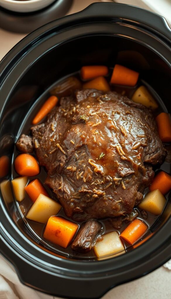 A warm, cozy crock pot filled with a hearty beef pot roast, surrounded by tender carrots, potatoes, and onions in a rich, savory gravy. The slow-cooked meat is fork-tender, the vegetables are perfectly softened, and the aroma fills the kitchen with the comforting scent of a homemade meal. Soft, natural lighting illuminates the scene, casting a gentle glow on the dish. The composition is balanced, with the pot roast taking center stage, and the sides complementing it perfectly. The mood is inviting and nostalgic, evoking feelings of a comforting, nourishing home-cooked dinner.
