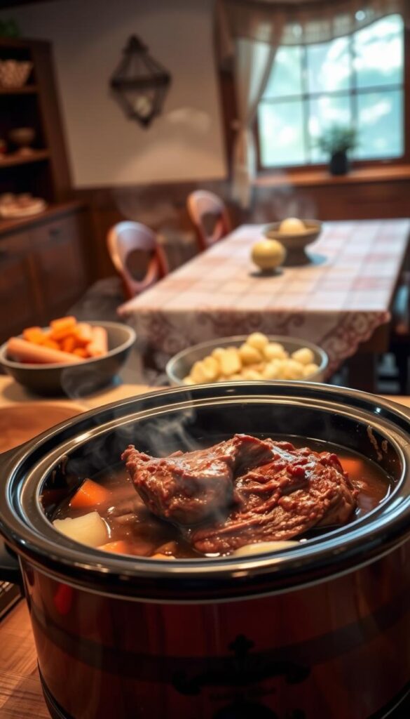 A warm, cozy kitchen scene with a rustic crockpot in the foreground, steam gently rising from the tender, succulent pot roast within. In the middle ground, freshly chopped vegetables - carrots, potatoes, onions - await their turn to be added to the savory broth. The background features a wooden table set with a simple, country-style tablecloth, complemented by the soft, natural lighting filtering in through a window. The overall atmosphere evokes feelings of comfort, homemade goodness, and the anticipation of a hearty, satisfying meal.