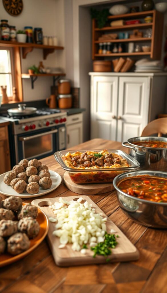 A warm, cozy kitchen scene with a wooden dining table set with family-favorite ground beef dishes. In the foreground, a platter of meatballs, a casserole dish of shepherd's pie, and a pot of simmering beef chili. The middle ground features a cutting board with freshly chopped onions, garlic, and herbs, while the background showcases a vintage stove, shelves of spices, and a large window letting in soft, natural lighting. The overall atmosphere conveys the comforting, homemade appeal of these ground beef recipes that have been passed down through generations.