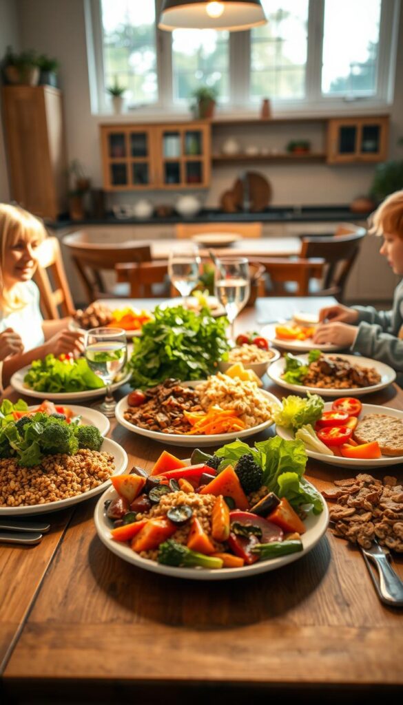 A warm, inviting family dining table set with a hearty, nutritious meal. In the foreground, a variety of fresh, colorful vegetables, whole grains, and lean proteins arranged artfully on white plates. In the middle ground, a wooden table with polished place settings, napkins, and water glasses, surrounded by comfortable chairs. In the background, a cozy, well-lit kitchen with natural light filtering in through large windows, creating a serene, domestic atmosphere. The lighting is soft and natural, creating a sense of comfort and togetherness. The overall scene conveys a feeling of a healthy, happy family enjoying a nourishing, home-cooked dinner together.