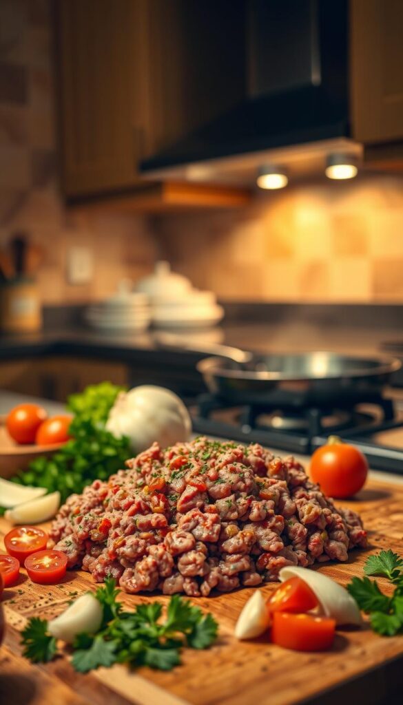 A warm, inviting kitchen interior, dimly lit with soft, golden lighting. In the foreground, a wooden cutting board showcases a pile of ground beef, seasoned with herbs and spices. Surrounding it, various ingredients come into view - diced tomatoes, sliced onions, cloves of garlic, and fresh parsley. In the middle ground, a sizzling skillet rests on the stovetop, emitting tantalizing aromas. The background features a rustic, farmhouse-style backsplash and cabinets, hinting at the homemade, comforting nature of the dish. The overall atmosphere evokes a sense of culinary inspiration and the promise of a hearty, satisfying ground beef dinner.